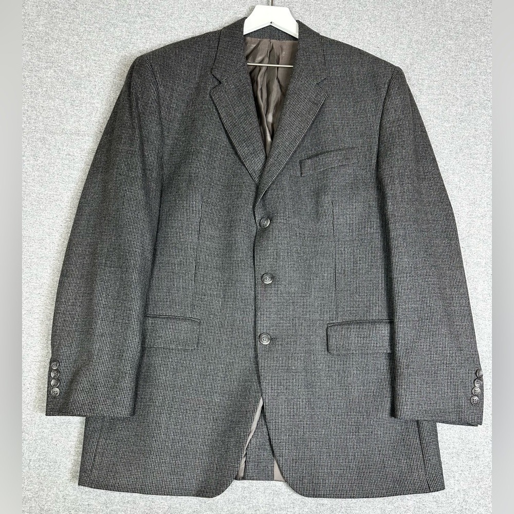 IZOD Blazer Mens 44L Gray Lambswool Houndstooth Sport Coat 3 Button Double Vent